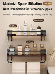 1pc No-Drill Bathroom Shelf, Wall-Mounted Wood Grain Bathroom Storage Rack With Hooks And Towel Bar, Toiletry Organizer - Multicolor - View 4