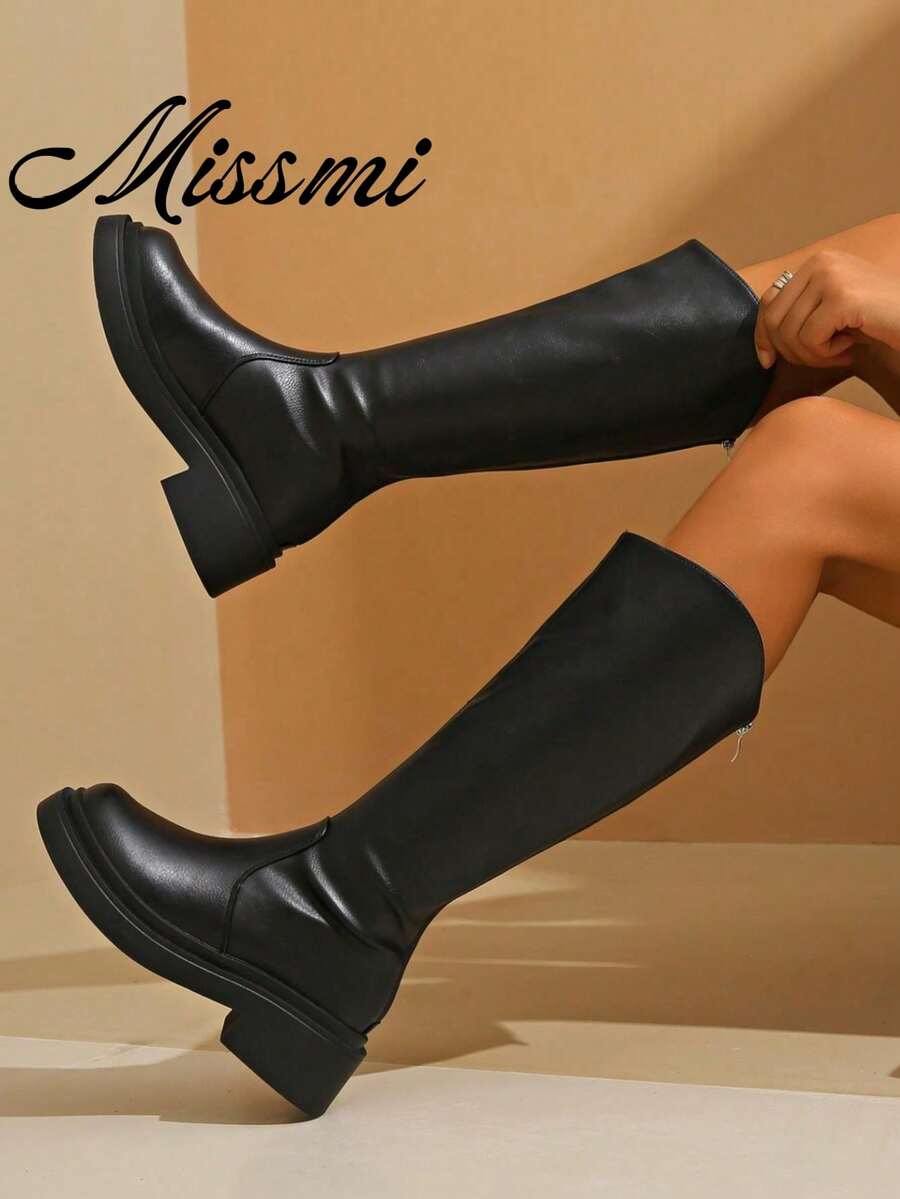 Women's V-Cut Thigh High Boots, Spring Autumn 2024 New Arrival, Hidden Wedge Knee-High Riding Boots,Fashion Match Cardigan,Black Boots - Black - View 1