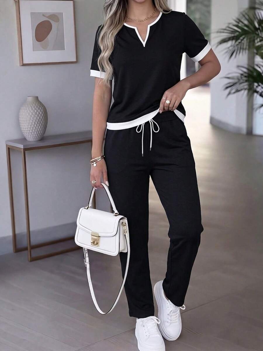Women's Spring/Summer Casual Matching Contrast Color V-Neck Short Sleeve Top And High Waist Drawstring Straight Leg Pants 2-Piece Set Black Elegant - Black - View 1