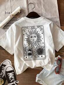 Minimalist. 100% Cotton. Graphic Print T-Shirt, Short Sleeve, Crew Neck, Casual Top For Summer And Spring, Women's Clothing. Spring/Summer Top. - 白色 - 查看 2
