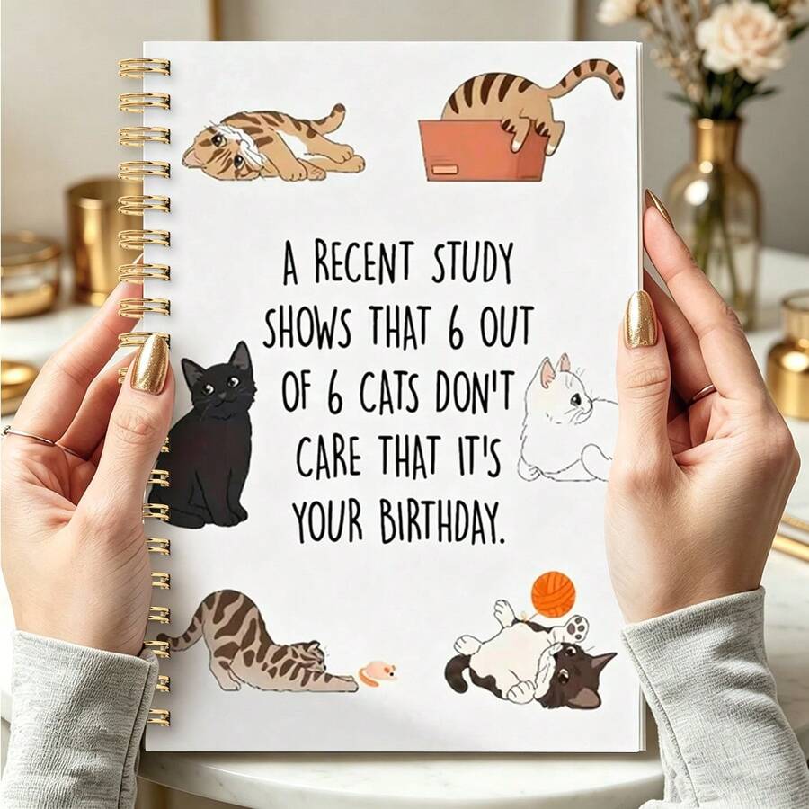 1pc Humorous Cat Birthday A5 Notebook, Spiral Bound Lined Journal With Funny Cat Print, Back To School Supplies For Students & Daily Planning - Humorous - View 1