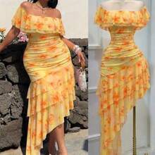 xuehuamaoyi02  Vestido de fiesta, boda, vacaciones, talla grande con hombros descubiertos, volantes en el bajo, asimétrico, de malla fluida, vintage, lindo, color rosa - Amarillo - Ver 1