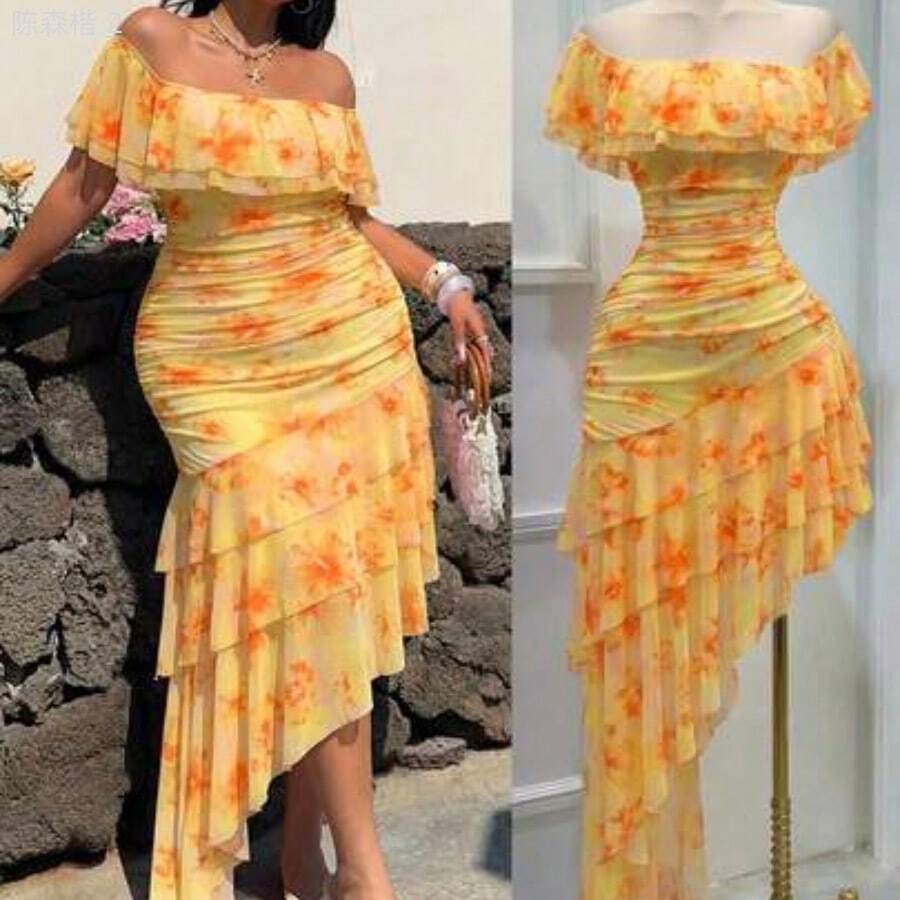 xuehuamaoyi02 Vestido de fiesta, boda, vacaciones, talla grande con hombros descubiertos, volantes en el bajo, asimétrico, de malla fluida, vintage, lindo, color rosa - Amarillo - Ver 1
