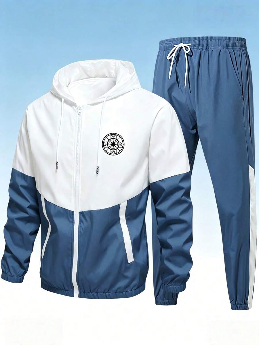 Men's Spring/Autumn Colorblock 2-Piece Sports Set | Hooded Zip-Up Jacket + Drawstring Cuffed Pants, Compass Print Casual Outdoor Outfit - Blue - View 1
