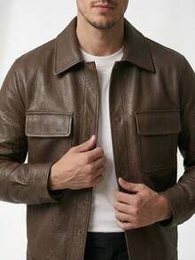 Men's PU Leather Jacket With Pockets, Casual, Stylish, Premium Fashion, Winter, Button-Down, Streetwear, Old Money - 鏽棕色 - 查看 5