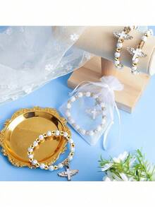 12pcs Baptism Souvenirs Acrylic Pearl Elastic Bracelets With White Organza Bags, Christ Baptism/Communion Party Guest Favors - Multicolor - View 6