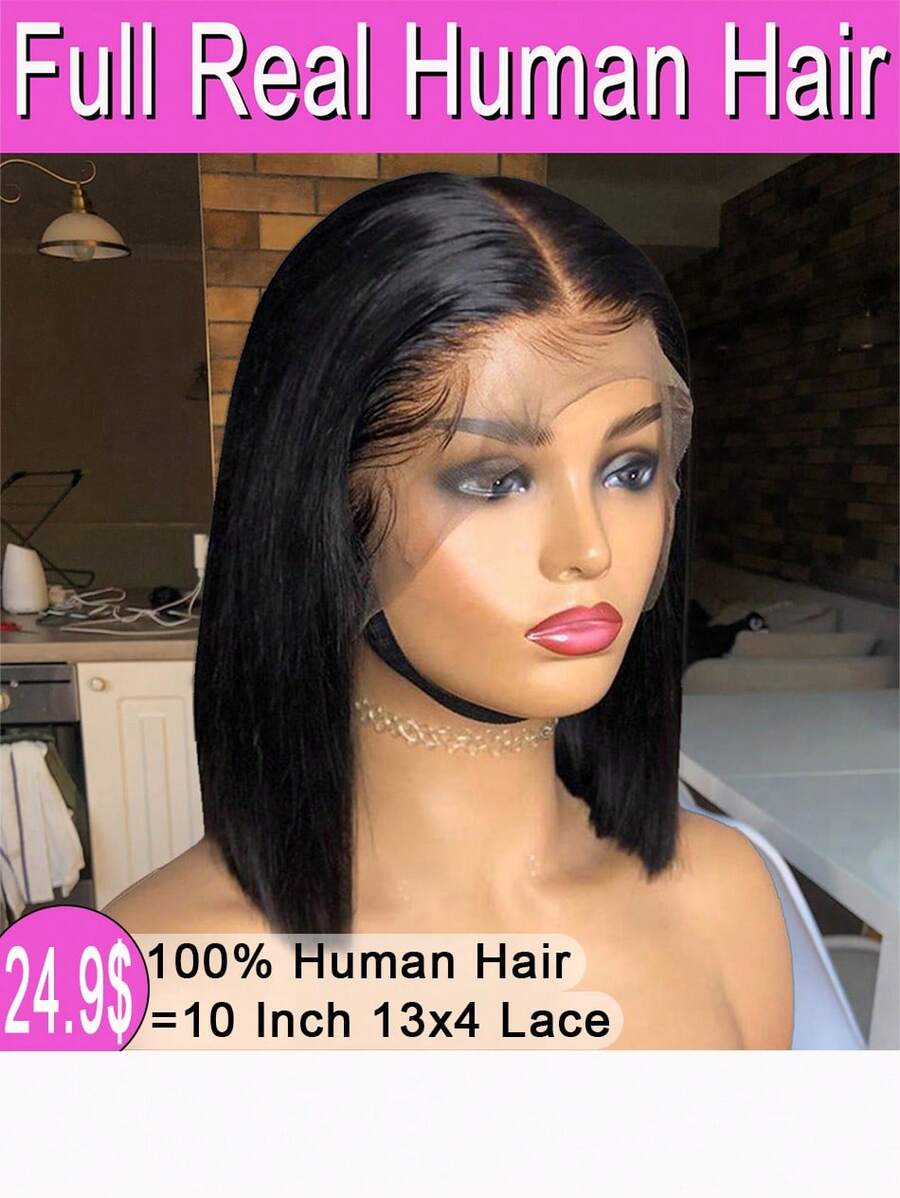 100% Real Human Hair Bob Wigs 13x4 HD Lace Front Wigs Straight Natural Color Human Hair Wig Human Hair Lace Frontal Wigs For Women 200% Density Brazilian Human Hair Wigs Transparent Lace Frontal Wig For Party, Cosplay, Daily Use - 自然色彩 - 查看 1