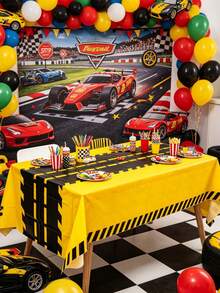 1pc Racing Theme Tablecloth, Yellow And Black Racing Pattern Table Cover, Baby Shower Party Tablecloth, Racing Birthday Party Decoration, Gender Reveal Party Decoration Table Runner, Racing Theme Party Supplies, Racing Game Table Decoration, First Tooth Party Decoration, Welcome Newborn Party Decoration Table Runner, Racing Room Decoration, Home Decoration, Outdoor Decoration Disposable Tablecloth, 1st Birthday Gift - Yellow and Black Racing Track - View 3