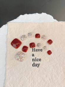 12pcs Handmade Press On Nails, Short Square Red & Iridescent Glitter, Toe/Finger Fake Nails For Women - Multicolor - View 3