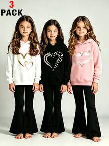 Set de 3 sudaderas con capucha cálidas con estampado de corazón para niños pequeños - Multicolor - Ver 1