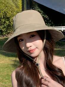 1 chiếc mũ xô nữ có dây rút, thiết kế dây quai cằm điều chỉnh được kích thước, mũ xô phong cách mài mòn, chất liệu vải mềm, chống nắng, chống gió, du lịch, nghỉ dưỡng bãi biển - Nhiều màu - Xem 4