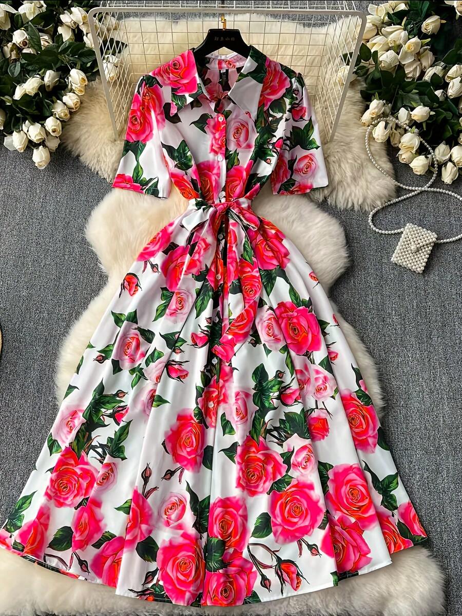 Elegant Women's Floral Print Dress With Short Sleeves, Lapel Collar, And Fitted Waist - Romantic Rose Design, Perfect For Spring Outings, Garden Parties, And Casual Events | Garden Party Dress | Floral Print Dress | Stylish Dress - 灰藍色 - 查看 1