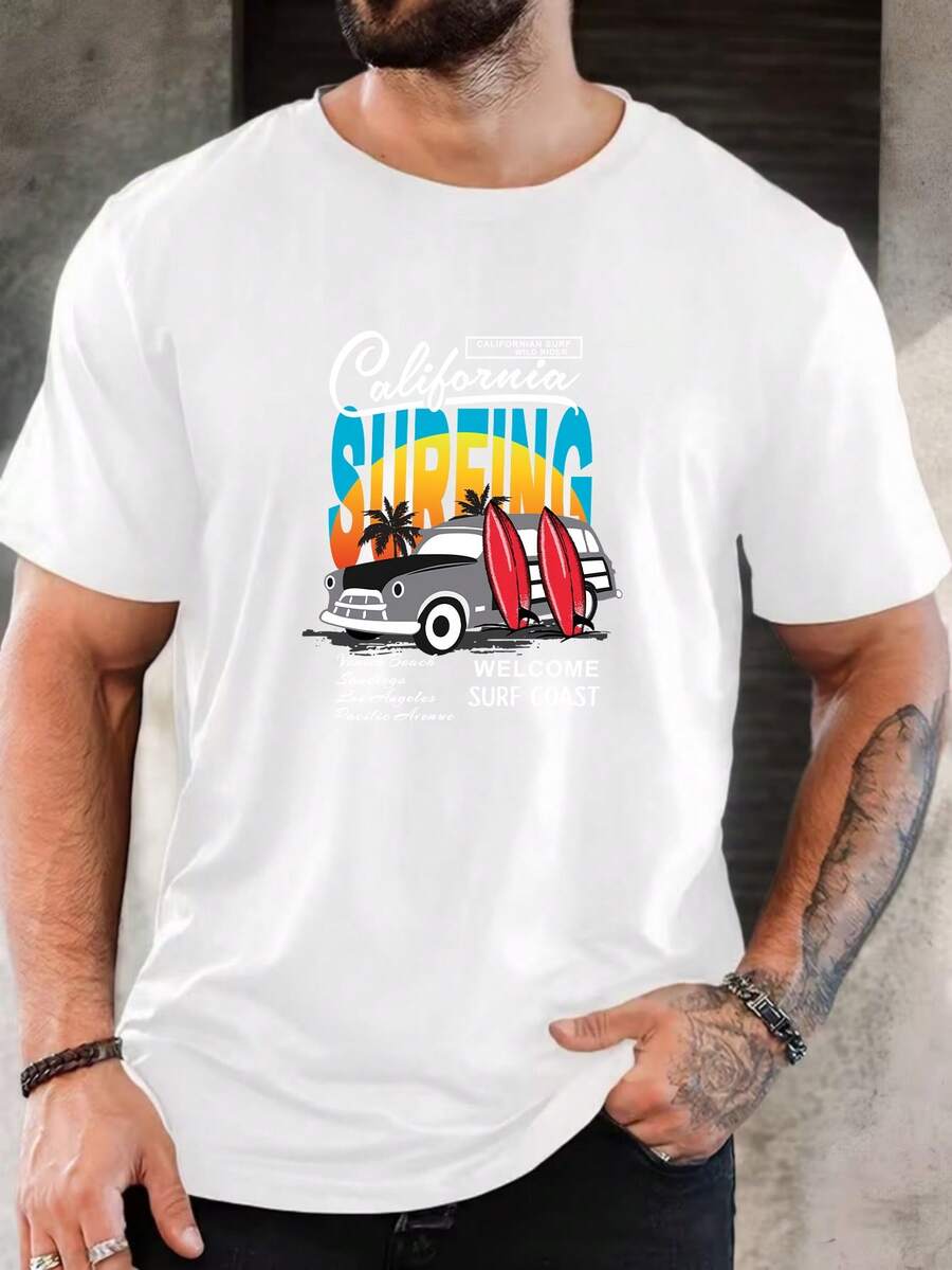 Maglietta casual da uomo in puro cotone a maniche corte, stampa grafica vintage California surfing, regalo estivo per lui, Natale, Festa del Papà, compleanno, motivo vintage van e tavola da surf, vestibilità ampia, comoda per l'uso quotidiano, tessuto traspirante e morbido, stile spiaggia - Bianco - Visualizzare 1