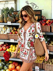 Elegant Women's Summer Bohemian Style Printed 2-Piece Set, Including V-Neck Tie-Waist Top And Wrap Mini Skirt, Suitable For Vacation, Beach Outing And Daily Wear - Multicolor - View 3