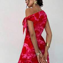 dahkjdgajy  Vestido mini de vacaciones elegante y sexy con hombro asimétrico y floral nuevo para mujer en verano, vestido floral de malla, vestido de cuello asimétrico, ropa de primavera/verano, atuendo de playa, elegante, sexy, vacaciones, playa, Hawái, cita, fiesta, festival de música, vestido de graduación, baile de graduación - Verde militar - Ver 3