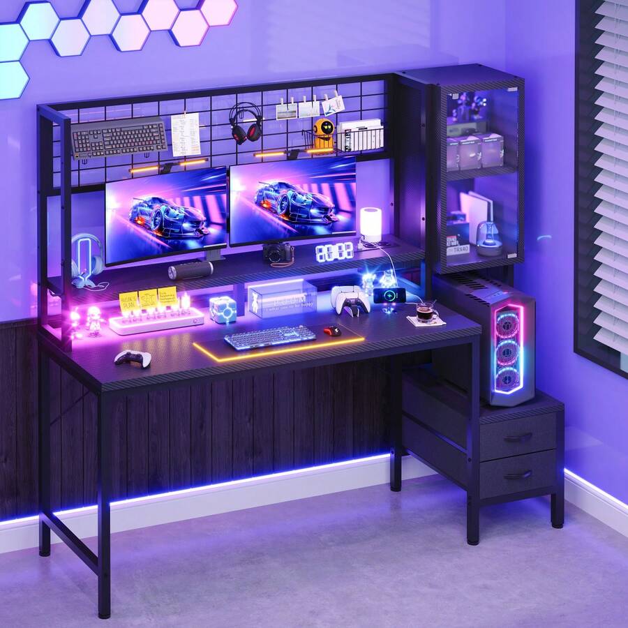 Devoko مكتب ألعاب RGB 140/120X50X75 سم، مكتب كمبيوتر مع مخرج طاقة ولوحة شبكية ومساحة تخزين - الأسود - مشاهدة 1