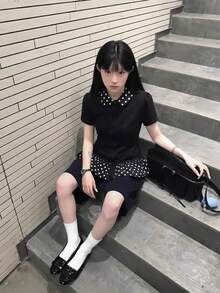 黑色拼色波點彼得潘領短袖女款T恤 夏季INS風修身顯瘦百搭上衣 - 黑色 - 查看 6