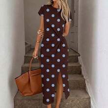 ghadjgyjad  Vestido midi elegante sin mangas con abertura alta y cintura fruncida con estampado de lunares en marrón y azul, vestido de punto de textura casual y ajustado para mujer, conjunto de fitness para mujer, vestido de invitada de boda para mujer, ropa de oficina para mujer - Multicolor - Ver 3
