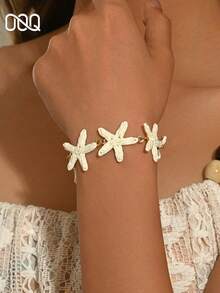 OOQ 1pc Summer Beach Vacation Style Handmade 3D Starfish Chain Bracelet, Elegant Versatile Women's Fashion Bracelet, Suitable For Daily, Holiday, Travel Wear (Handmade Raffia Weave, Random Direction And Shape) - White - View 7