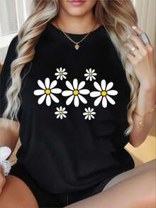 Women's Casual T-Shirt With A Round Neck And Short Sleeves, Featuring A Fun Daisy Flower Print. This Stylish Graphic Tee Is Perfect For Summer And Hassle-Free Wear. Ideal For Valentine's Day, Christmas, Parties, Sports Activities, Vacations, Outings, And Other Festive Occasions. - 黑色 - 查看 1