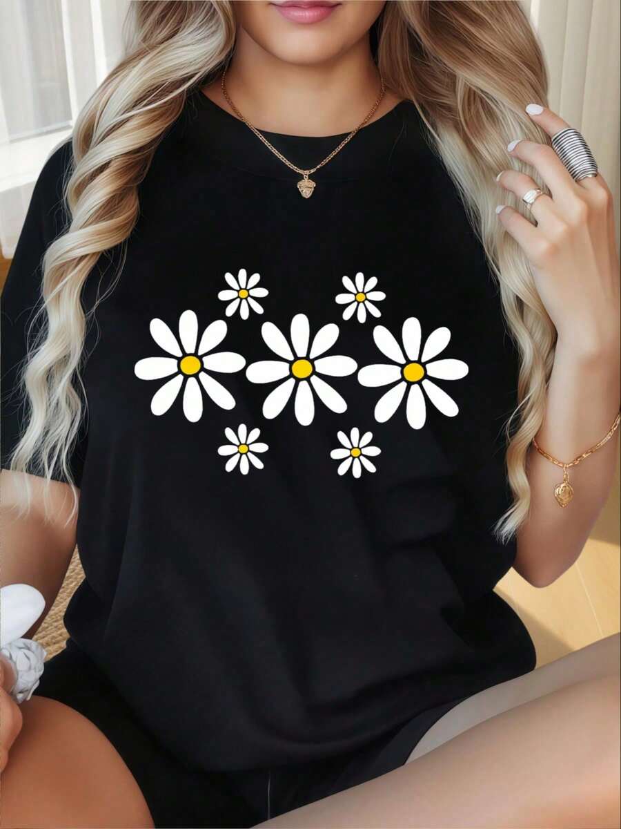 Women's Casual T-Shirt With A Round Neck And Short Sleeves, Featuring A Fun Daisy Flower Print. This Stylish Graphic Tee Is Perfect For Summer And Hassle-Free Wear. Ideal For Valentine's Day, Christmas, Parties, Sports Activities, Vacations, Outings, And Other Festive Occasions. - 黑色 - 查看 1