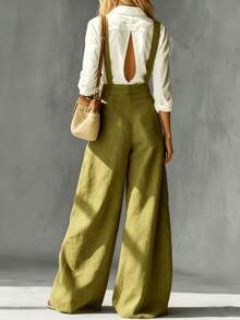 Pantalones casuales de estilo francés de corte holgado para mujer, adecuados para primavera y verano.Cintura alta, pierna ancha, corte relajado, pantalones cargo de unicolor y holgados, suav - Verde Oliva - Ver 2
