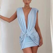 Short Plain Dress With Knots And Pleats New - Blue - View 7