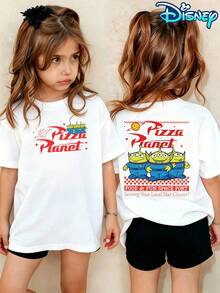 Disney Toy Story Pizza Planet Licensed Unisex Kids Cotton Graphic Tee, Adorable Retro Alien "Pizza Planet" Print T-Shirt For Boys & Girls, Sweet Birthday Gift, Casual Summer Clothes, Ideal For Family Matching Outfit, Soft Breathable Daily Wear Top - 白色 - 查看 1