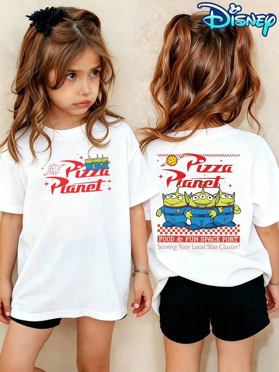 Disney Toy Story Pizza Planet Licensed Unisex Kids Cotton Graphic Tee, Adorable Retro Alien "Pizza Planet" Print T-Shirt For Boys & Girls, Sweet Birthday Gift, Casual Summer Clothes, Ideal For Family Matching Outfit, Soft Breathable Daily Wear Top - 白色 - 查看 1