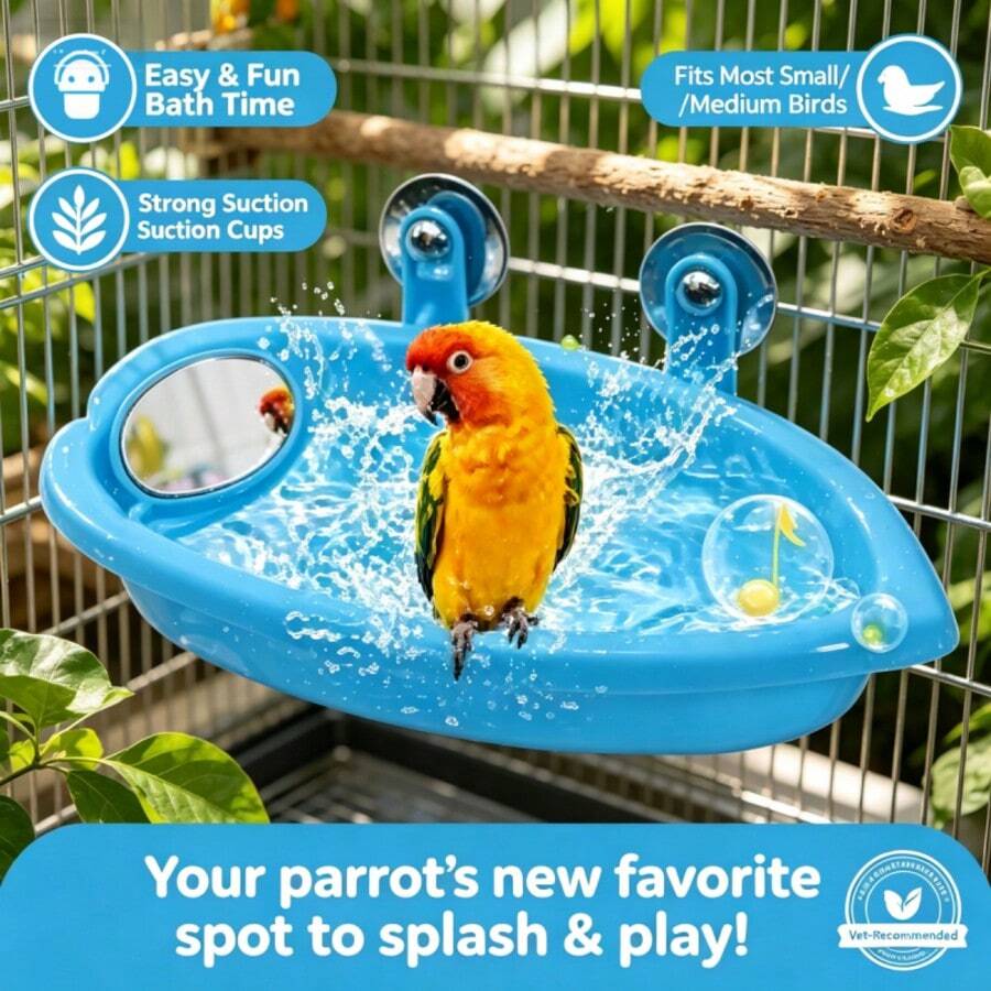 1 Pc Blue Bird Bath Bowl With Mirror, Detachable, Tiger Lily & Parrot Pattern Bathtub, Suitable For Food & Water, Can Be Used As Bird Nest/Cage, Small Pet Supplies