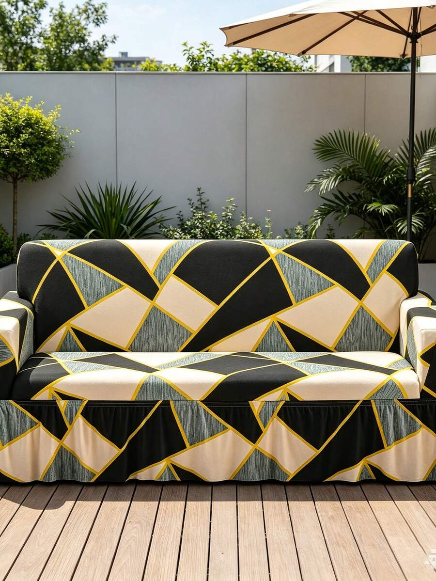 1pc Printed Ruffle Edge Full Coverage Elastic Sofa Cover, Dust-Proof And Stain-Resistant, Stretchy All-In-One Full Coverage Sofa Protector, Living Room Home Decor, Machine Washable - Black - View 1