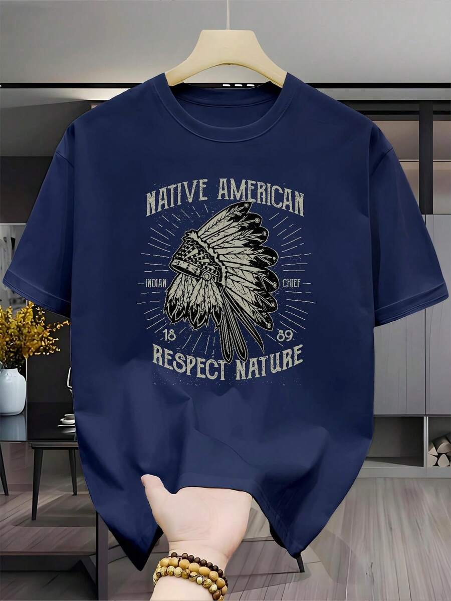 New Versatile Casual Fashion T-Shirt, 100% Cotton, Short-Sleeved Print - Men's T-Shirt With A Vintage-Style Chief Feather Design, Unisex (For Men And Women), Comfortable Material, Short-Sleeved Top, Suitable For All Seasons. Perfect Gift For Holidays Or Birthdays - Unisex Style. - 藏青色 - 查看 1