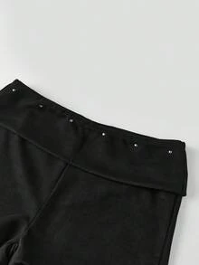 Mini Shorts For Women Low Rise Fashion Rivet Decor Decor Hot Pants Summer Fold Over Waistband Micro Shorts - Negro - Ver 7