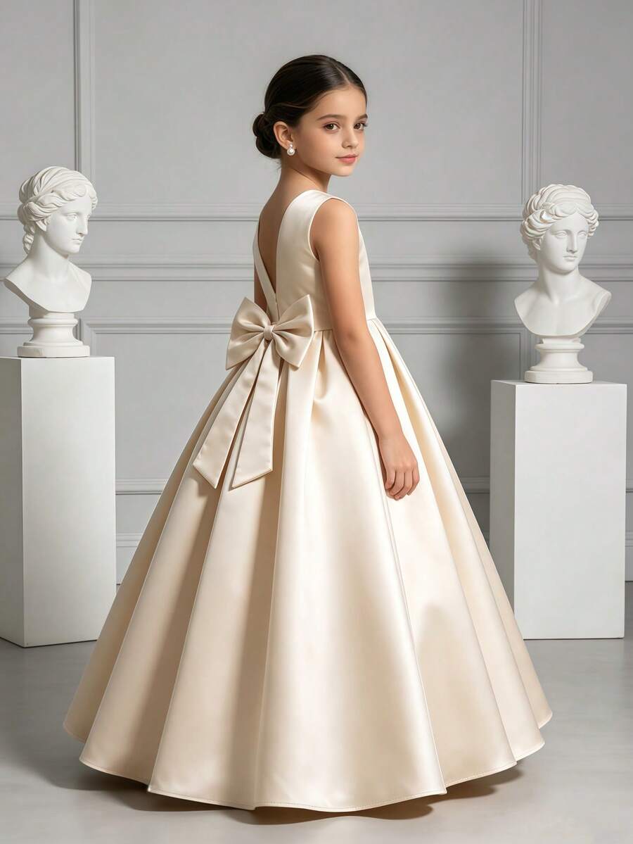 Mädchen elegantes rückenfreies Maxi-Kleid mit Schleife, langes Abendkleid für Blumenmädchen, Hochzeit, Geburtstag, Aufführung, Abschlussball, Sommer - Champagnerfarben - Übersicht 1