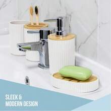 7-Piece Bamboo Bathroom Accessory Set / Modern Bathroom Essentials Set (White). This Bathroom Set Makes An Excellent Gift For Family, Friends, Colleagues, Or Clients. - F-Beige - View 2