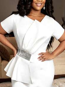 Plus Size Elegant White Bodycon Peplum Dress With Waist Belt Irregular Ruffled Short Sleeves Formal Office Summer Evening Party Dresses - White - View 2