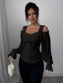 Fashionable Open-Style Design With Long Floral Jacquard Sleeves And Adjustable Shoulder Straps - 黑色 - 查看 6