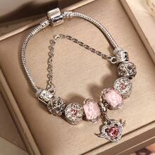 1 pieza Pulsera de cuentas con alas de ángel de cristal rosa estilo dulce con cadena de serpiente plateada, accesorio versátil para uso diario - Pulsera con alas de ángel - Ver 2