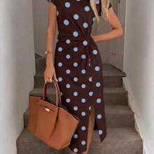 Nana's Women's Clothing Store  Vestido midi elegante sin mangas con abertura alta y cintura fruncida con estampado de lunares en marrón y azul, vestido de punto de textura casual y ajustado para mujer, conjunto de fitness para mujer, vestido de invitada de boda para mujer, ropa de oficina para mujer - Multicolor - Ver 6