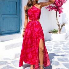 yonghongmaoyi1  Vestido holgado sin espalda con estampado romántico de vacaciones casuales de verano para mujer - Rosa - Ver 4