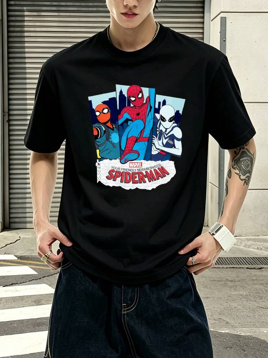 T-shirt graphique Marvel Spider-Man style BD, 100 % coton, vêtements homme, t-shirts homme, vêtements d'été homme, série Marvel, cadeaux homme, streetwear - Noir - Voir 1