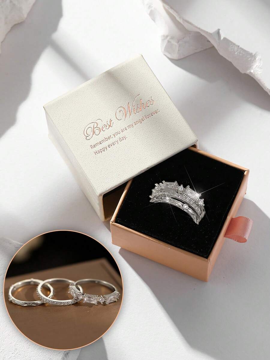 Gift Box Set 3pcs Silver Ring Combination, Twisted Band, Full Rhinestone Band And Rectangular Diamond Cluster Ring, Stackable Fashion Rings For Women - Silver - View 1
