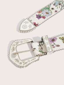 1pc Western Bohemian Style White Floral Carved Metal Buckle Women's Western Cowboy Fashion Belt, Suitable For Skirts, Dresses, Daily Wear, Fashion Style, Outdoor Activities, Gatherings, Parties, Christmas, Valentine's Day, Back To School Season, Halloween, Music Festivals, Autumn/Winter Accessories, All Season Outfits, Women, Mothers, Daily Commute, Vacation, Graduation Gifts, Birthday Accessories - White Pattern - View 3