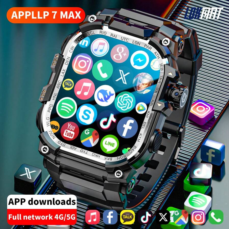 LOKMAT APPLLP 7 MAX Phone Smart Watch, 2.06-Inch AMOLED Screen, Supports 4G/5G Phone Cards, Compatible With Android And IPhon Devices, 180° Pull-Out Knob HD Camera, Cellular Data Network, Wi-Fi Network Connection And Third-Party Application Downloads.