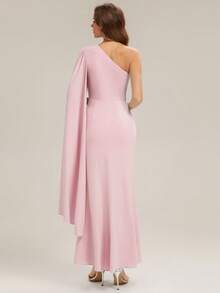 EVERPRETTY Women's V Neck Ruched High Slit Asymmetric Wedding Guest Dress Suitable For Wedding Semi Formal Evening - Pink - View 4