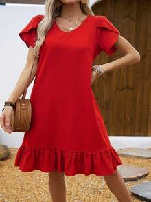 Vestido de Mujer con Cuello en V, Mangas de Concha y Volantes - Blanco marfil - Ver 5