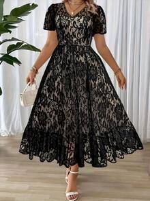 Plus Size Women's Long Dress, Elegant And Simple With Lace Details, Ideal For Holidays Or Parties, Belt Not Included - 灰藍色 - 查看 7