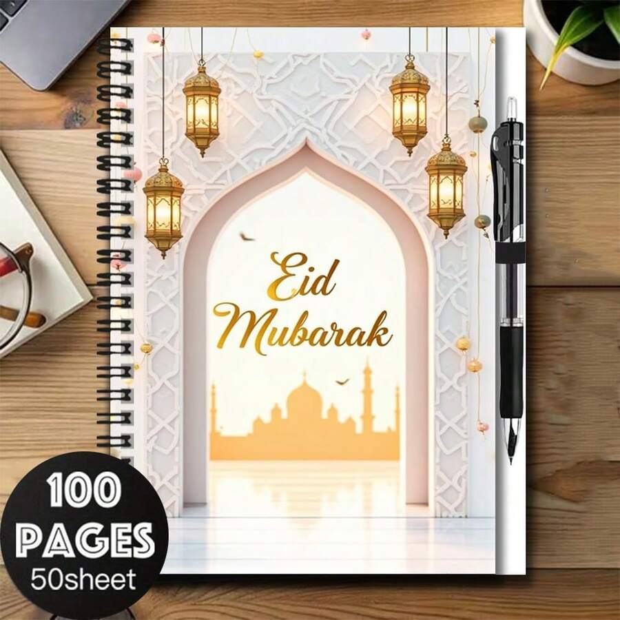 1 Conjunto de Caderno Espiral Islâmico para Festival com Caneta, Capa Requintada Impressa com "Eid Mubarak" e Padrão de Arco de Lanterna, 100 Páginas Práticas Internas. Adequado para Registos de Trabalho e Estudo, Planeamento Diário Escolar, Também um Ótimo Presente de Formatura, Presente de Aniversário, Escrita de Diário, Tomada de Notas, Perfeito para Presentear ou Uso Pessoal. - Opção A + 1 caneta - Ver 1