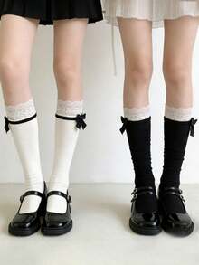 1/2 Pairs French Girl Lace Ruffle Bow Mid-Calf Socks, Sweet Preppy Style, Back To School Outfit - Multicolor - View 14