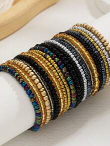 20pcs Bohemian Style Women's Elastic Bracelets, Black Gradient Bead Design, Can Be Layered, Suitable For Beach Vacation, Party, Daily Commute - Black - View 1